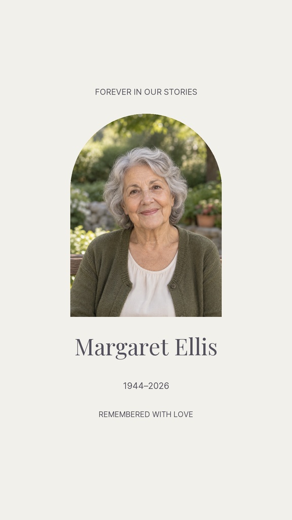 Minimal memorial story template with a portrait of an elderly woman and remembrance text.