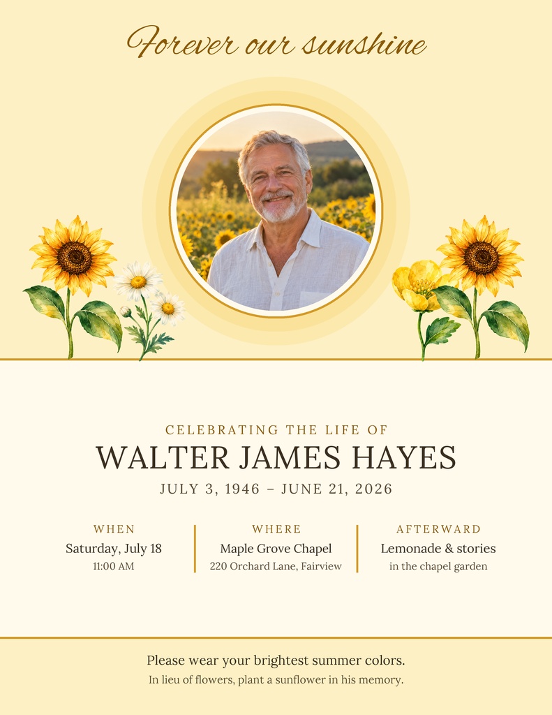 Portrait memorial flyer with a sunflower theme and photo of an older man