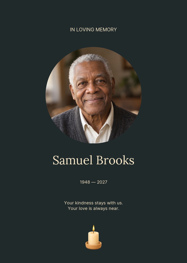 Vertical memorial card with a portrait, in loving memory text, name, dates, and candle illustration on a dark background.