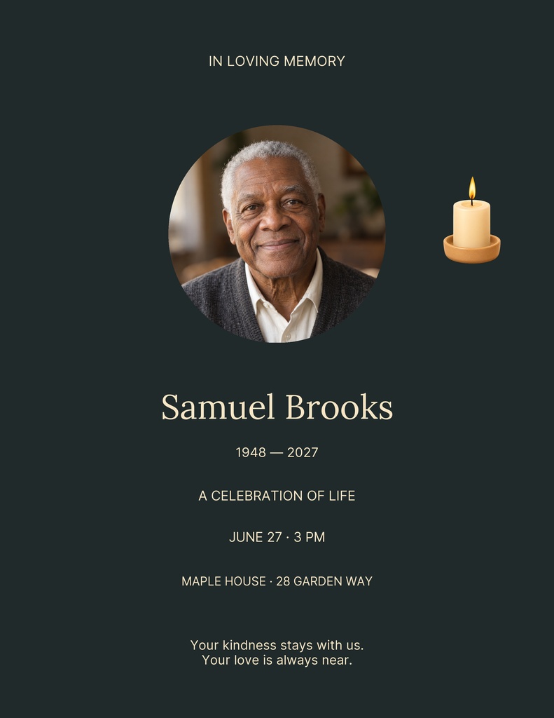 Dark memorial flyer with portrait of an older man, candle icon, and remembrance text.