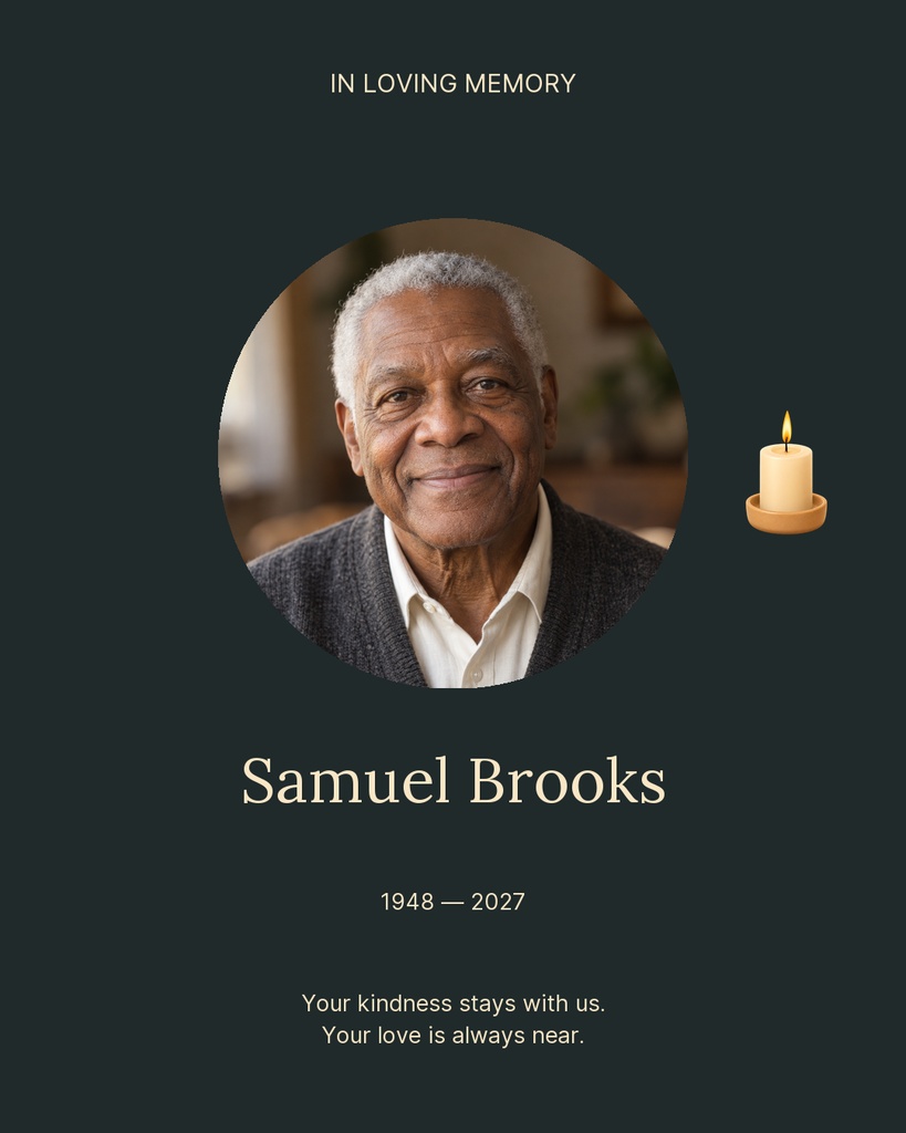 Memorial portrait post with a smiling older man, candle icon, and text reading In Loving Memory.