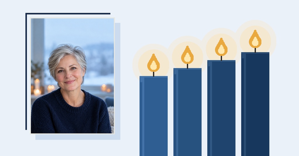 Minimal church event cover with four blue Advent candles and a portrait photo panel.
