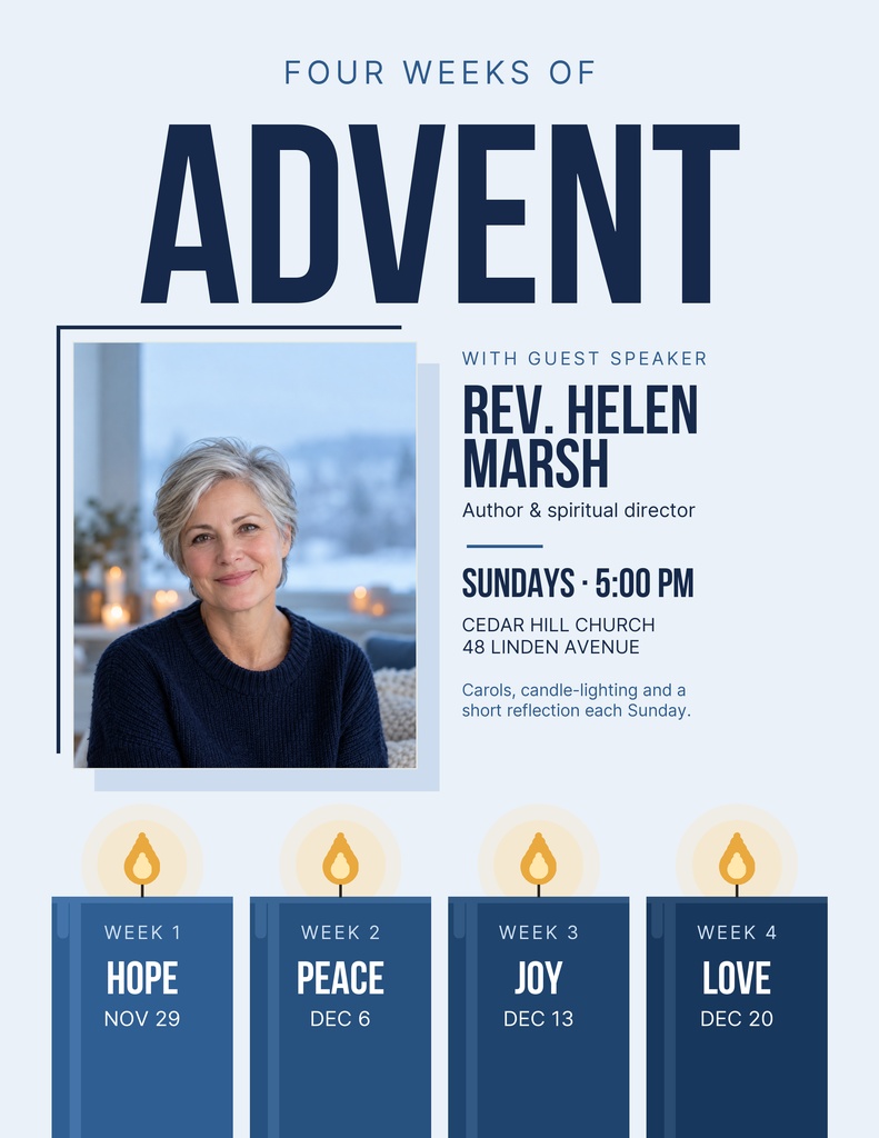 Portrait flyer with four Advent candle blocks and a church event layout featuring a speaker photo.