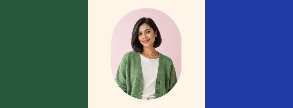 Cream and green page cover with a portrait of a woman in a green cardigan