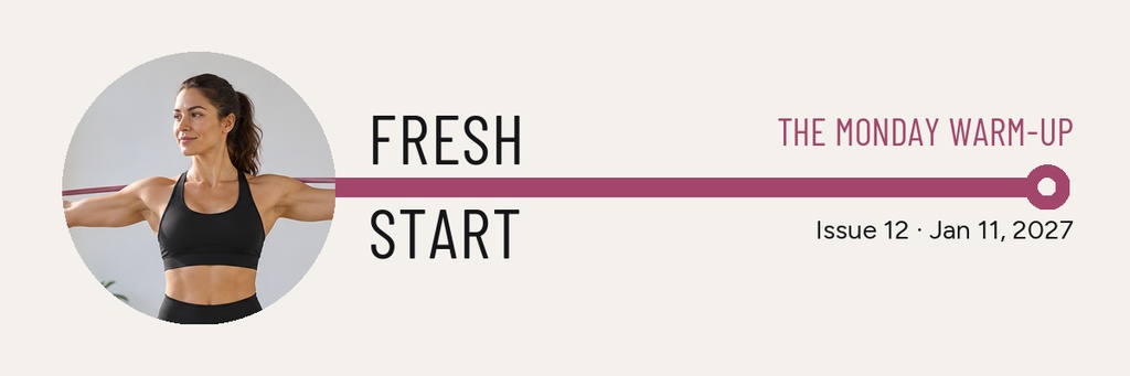 Fitness woman in a circular photo beside the text Fresh Start and a warm-up header line.