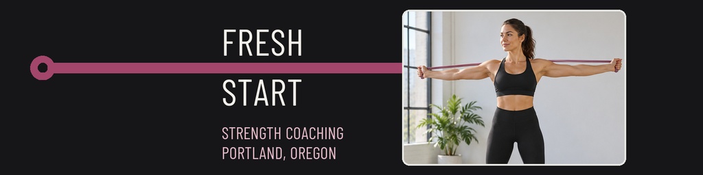 Fitness banner with a woman stretching beside Fresh Start text and coaching details.