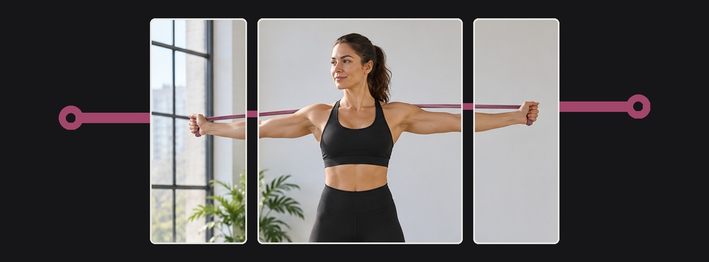 Woman in black sportswear standing with arms extended beside window panels on a fitness cover banner.