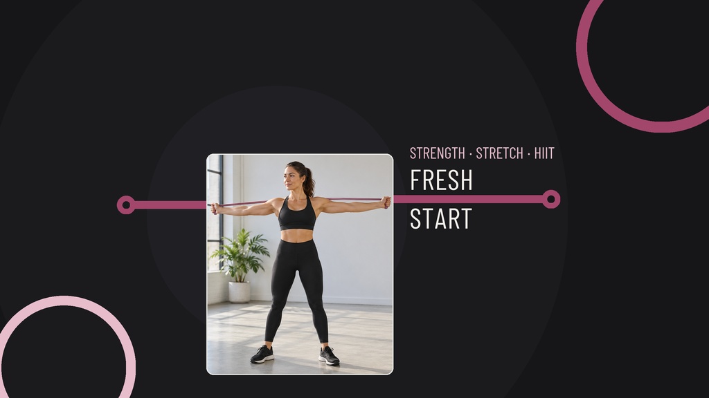 Fitness woman standing in a workout pose on a dark YouTube banner with Fresh Start text