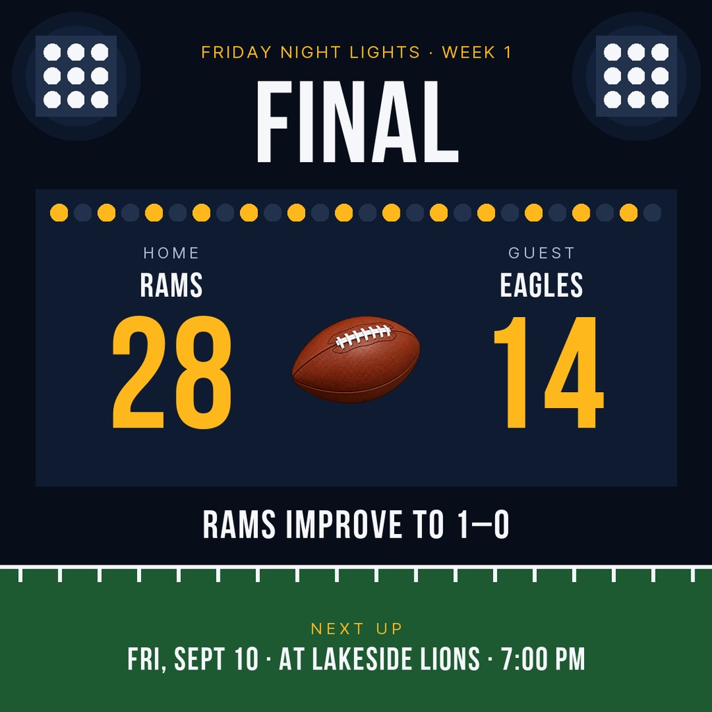 Square football score graphic showing Rams 28, Eagles 14, and next game details.
