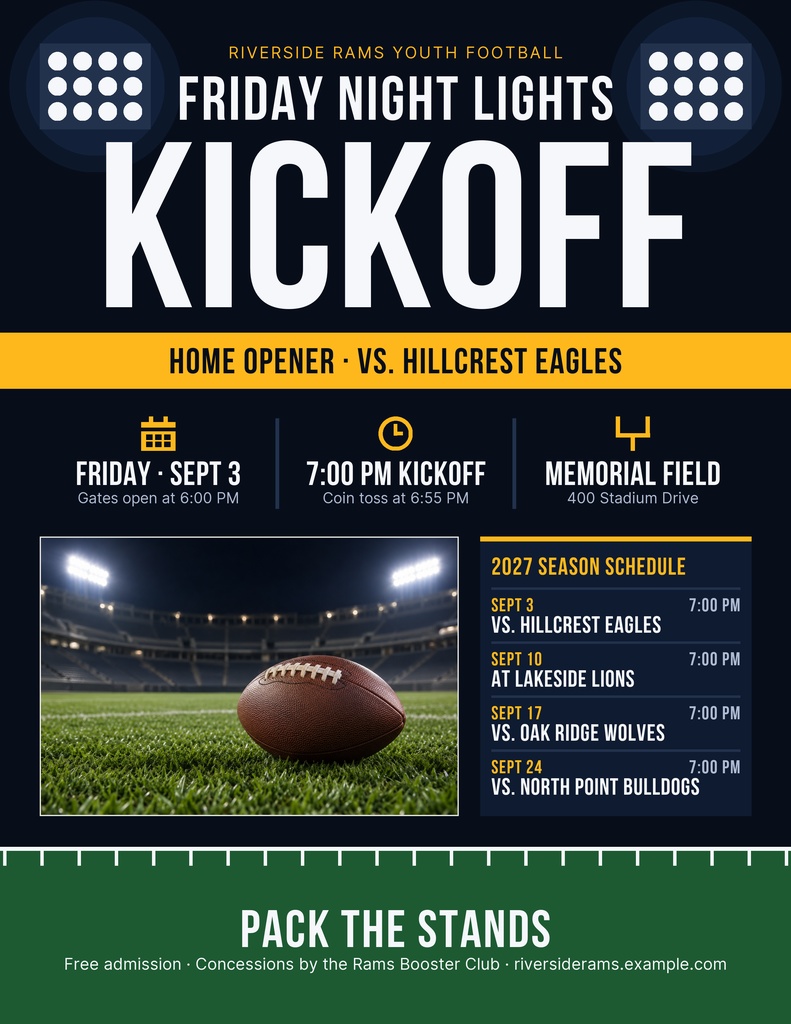 Portrait football flyer with kickoff title, game details, stadium photo, and season schedule panel.