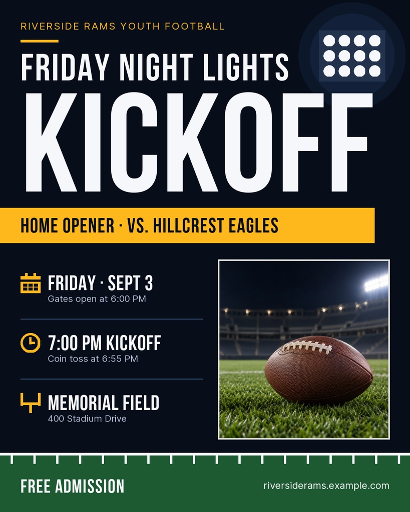 Youth football kickoff poster with game details, football image, and dark stadium-style design.