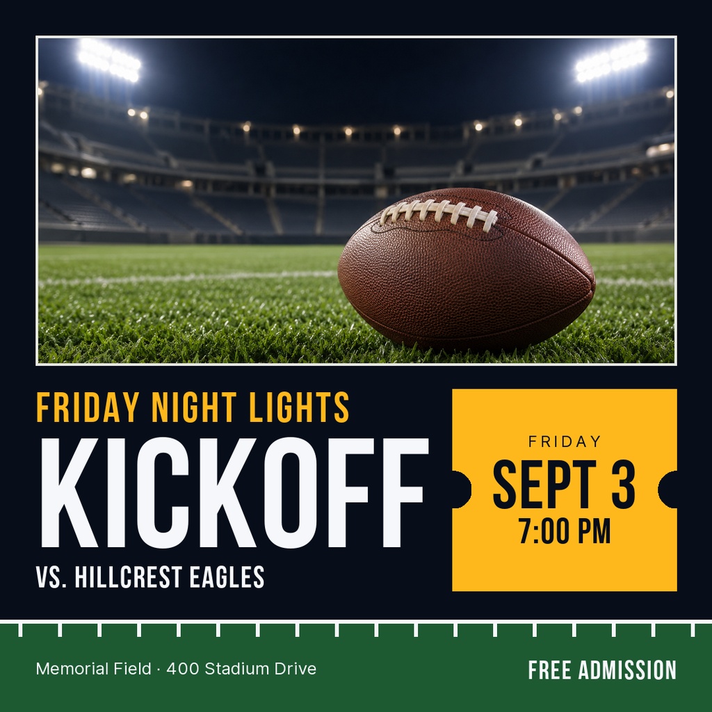 Football resting on a field in a stadium with a Friday Night Lights kickoff announcement layout.
