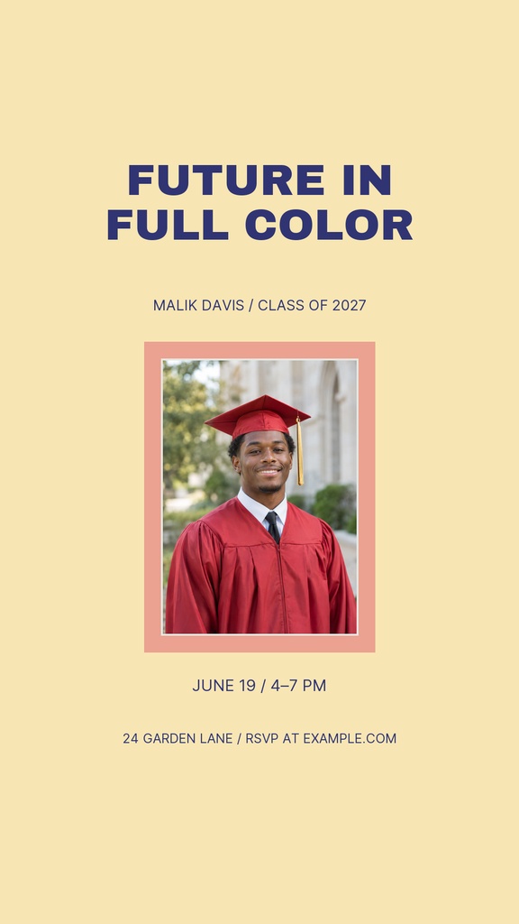Yellow Instagram story template with bold title, graduate portrait, and class of 2027 details.