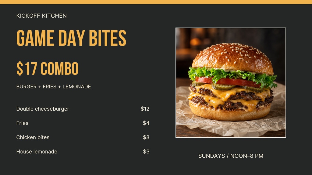 Landscape menu board with game day bites, burger combo pricing, and a cheeseburger photo.