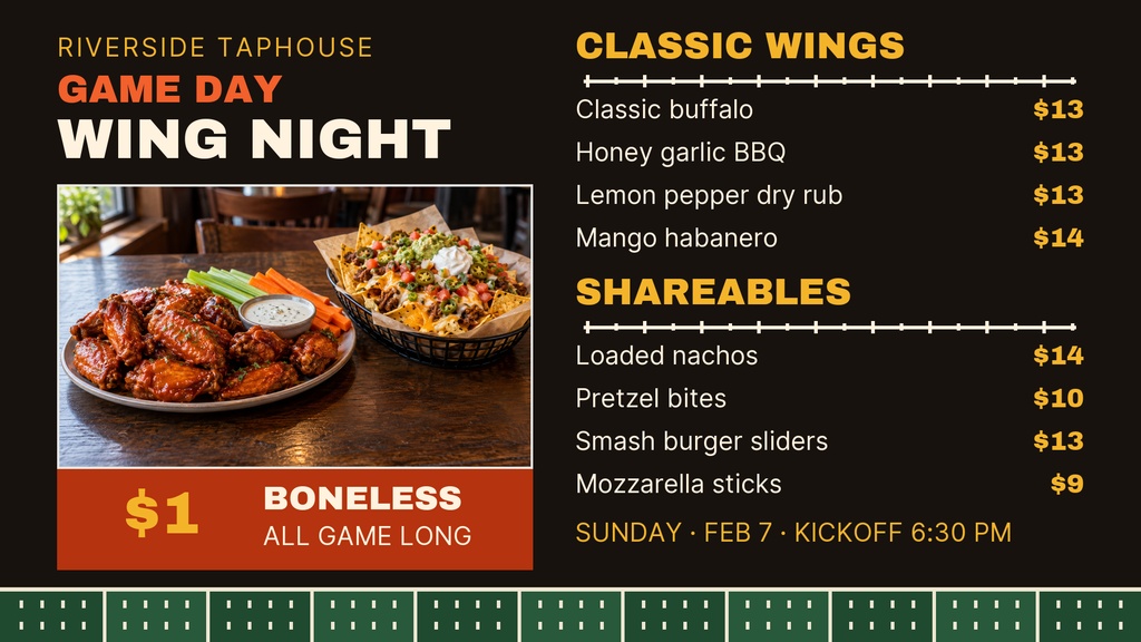Dark game day menu board with wings, shareables, prices, and stadium-style green strip