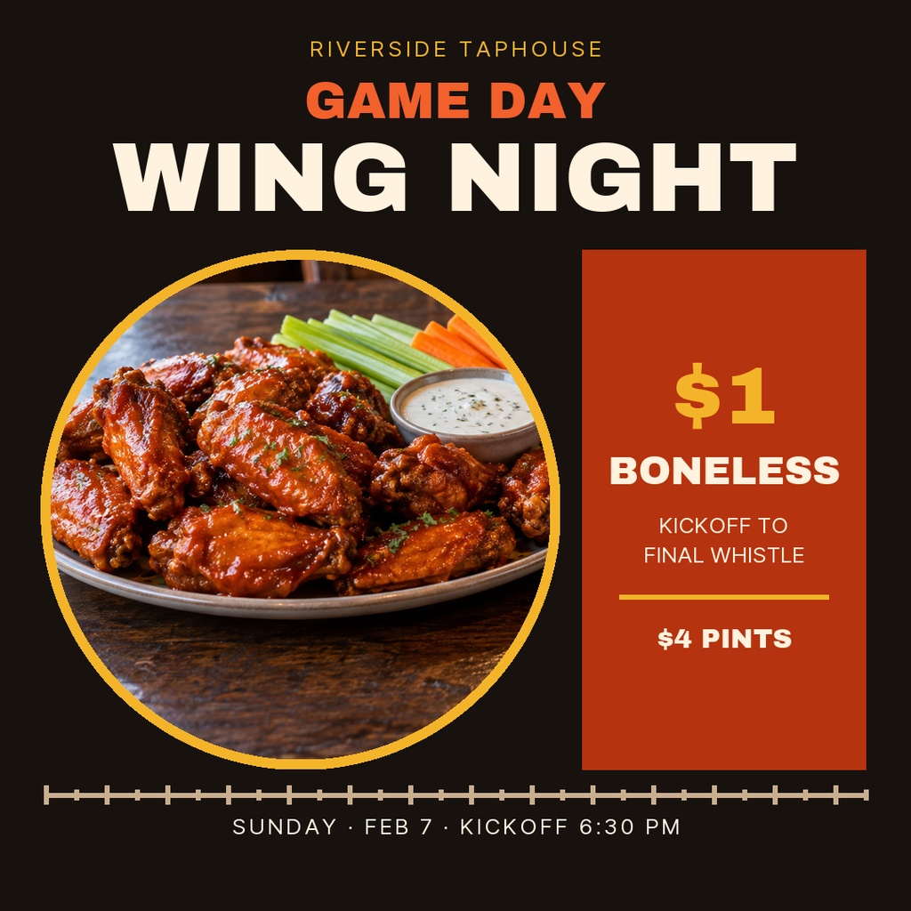Square poster with wings photo, bold game day wing night text, and drink specials on a dark background.