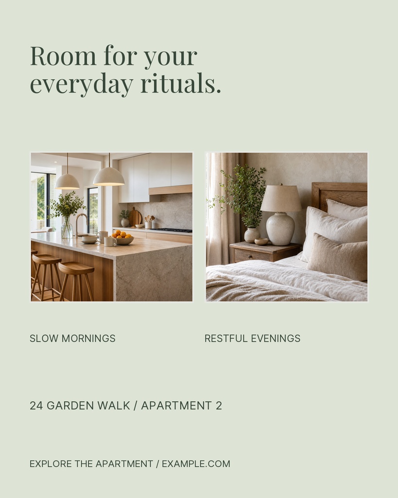Portrait apartment listing template with two interior photos and text about everyday rituals.