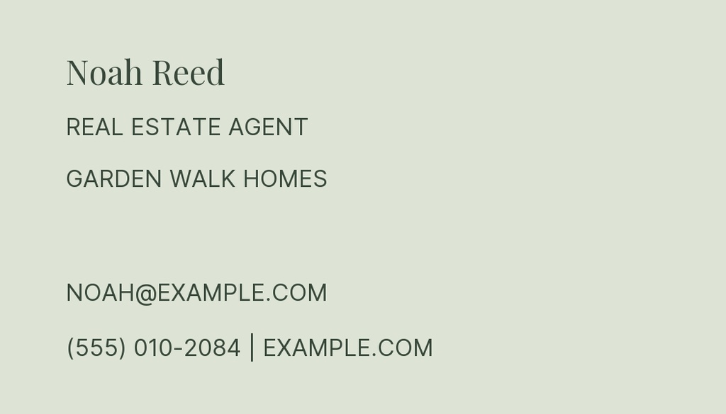 Minimal landscape business card with real estate agent name, title, company, email, phone number, and website.