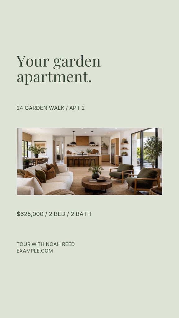 Portrait real estate story opener with garden apartment headline, interior photo, price, and contact details.