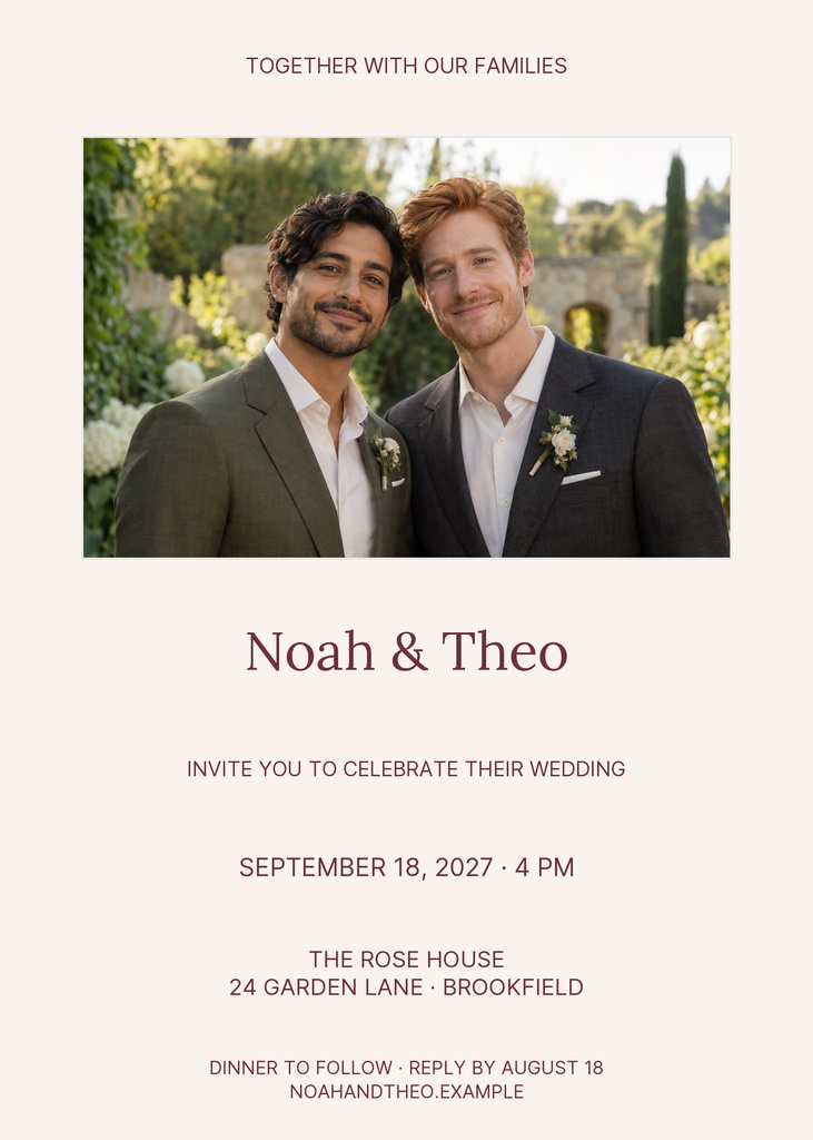 Portrait wedding invitation with a couple photo, cream background, and burgundy text.