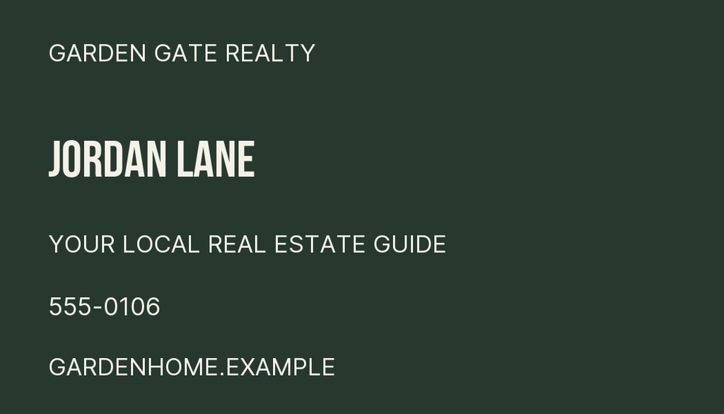 Dark green landscape real estate contact card with Garden Gate Realty and Jordan Lane text