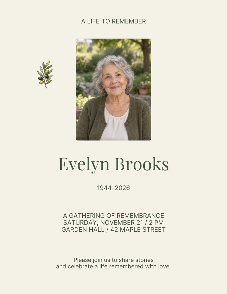 Portrait memorial flyer with a woman’s photo, floral accent, and remembrance text on a cream background