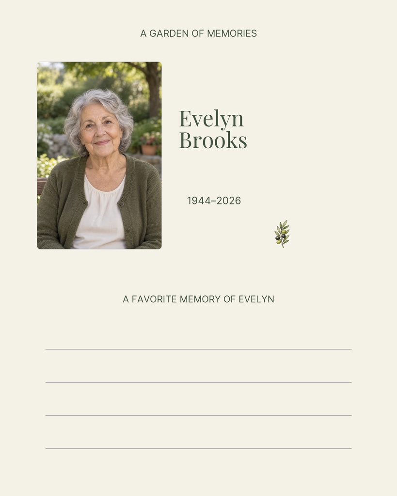 Cream memorial scrapbook page with portrait, name, dates, and lined memory space
