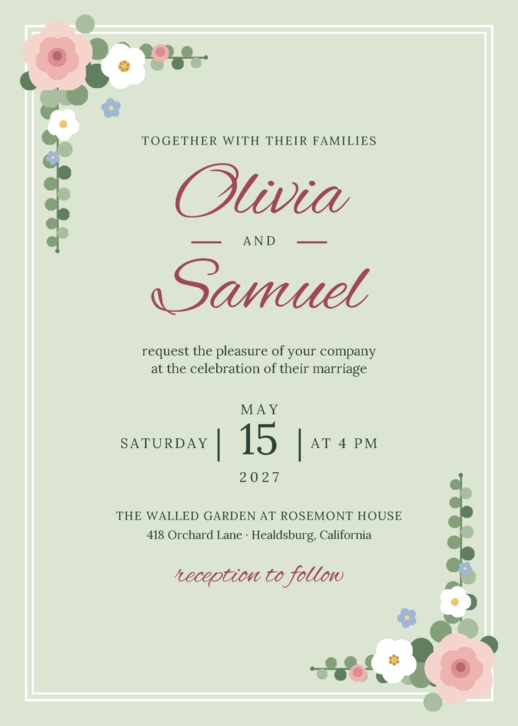 Sage green portrait wedding invitation with floral corners and elegant script names