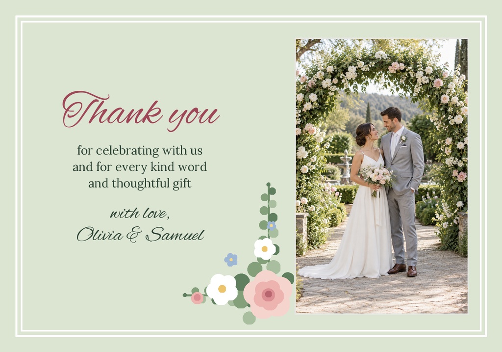 Sage green thank you card with floral corner art and a wedding couple photo on the right