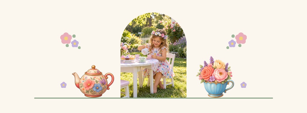 Garden tea party page cover with a child at a table, flowers, and teacup illustrations