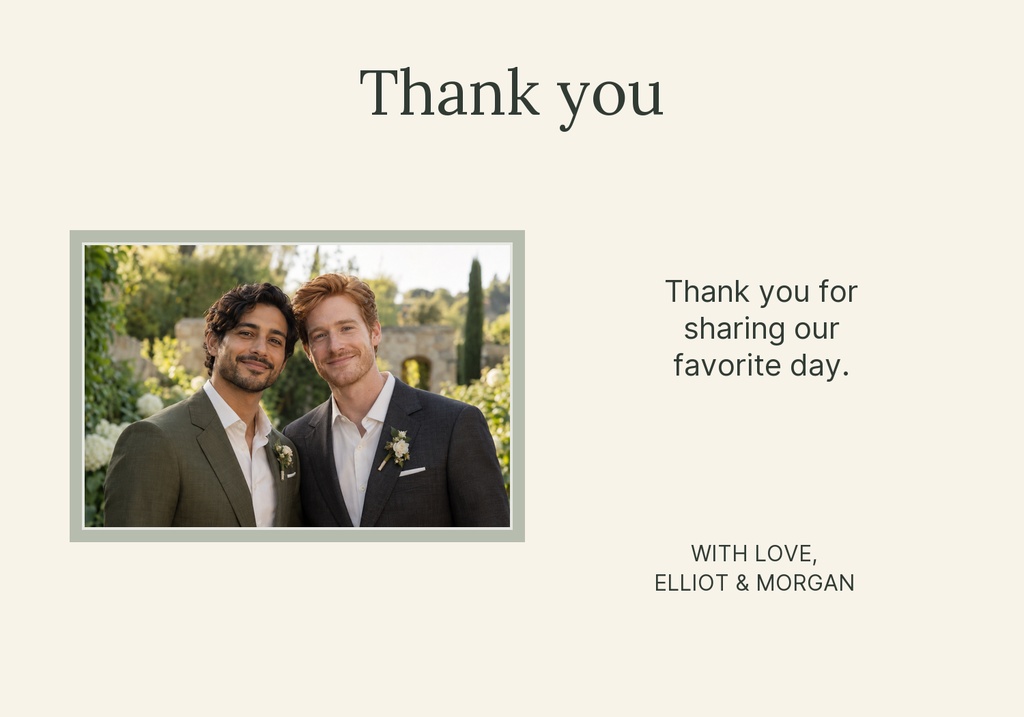 Minimal thank you card with a couple photo, centered thank you message, and names at the bottom.