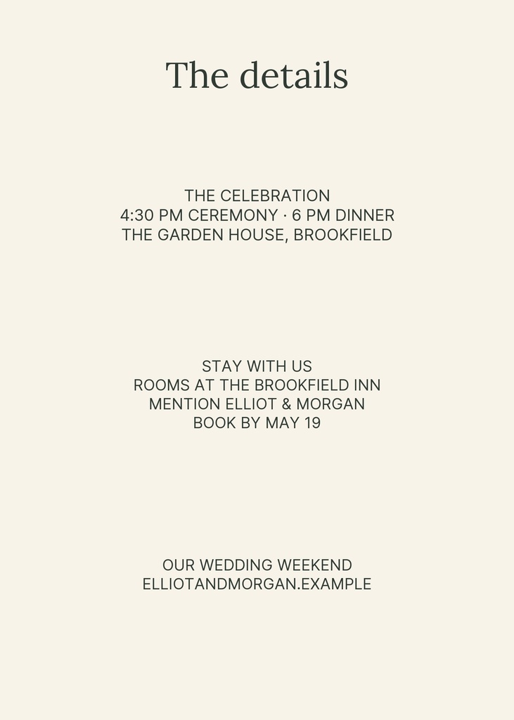Portrait wedding details card with centered text on a light neutral background.