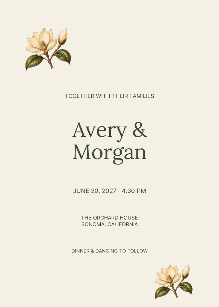 Cream portrait wedding invitation with botanical flower illustrations and centered event text.