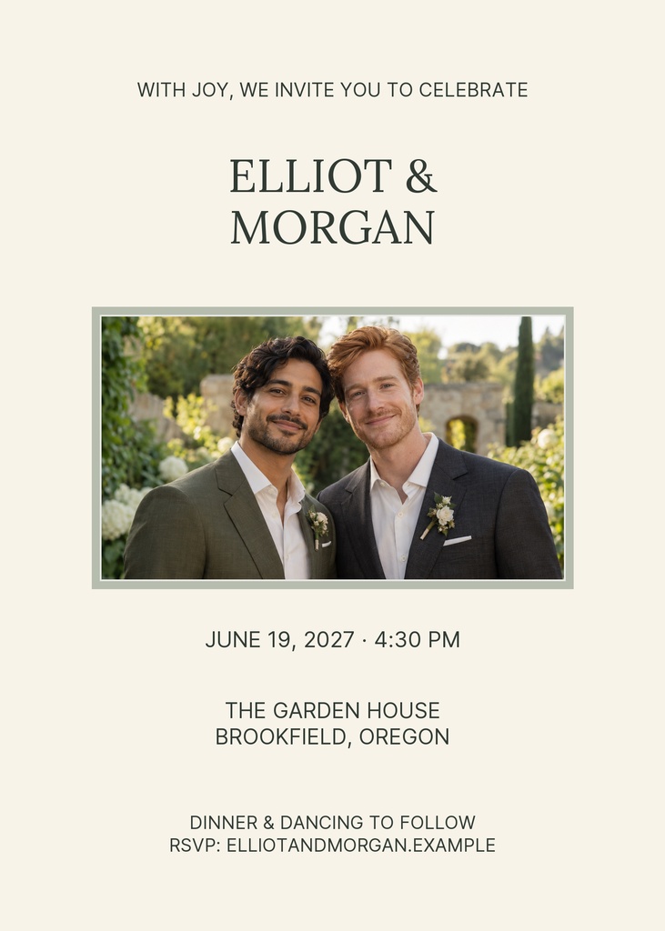 Portrait wedding invitation with a couple photo, event details, and a clean modern layout.