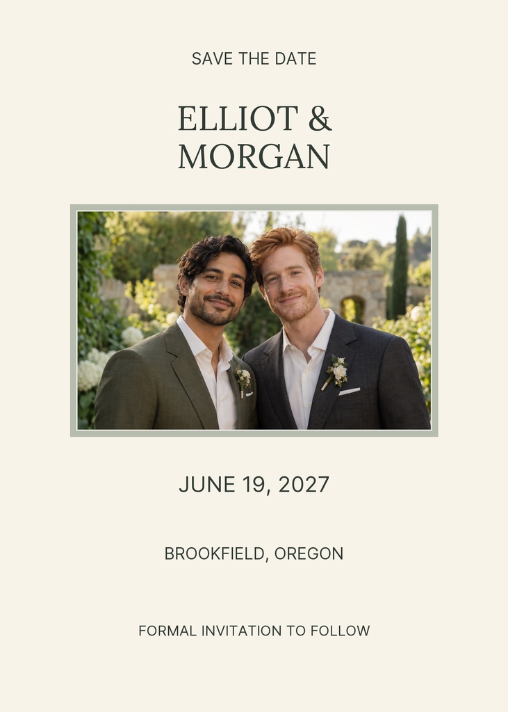 Save the date card with two men standing together in a framed portrait photo and wedding details below.