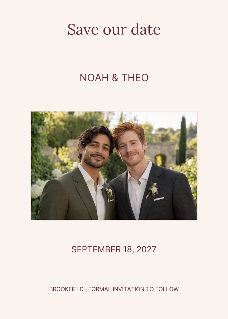 Portrait save the date card with a couple photo, names, and wedding date on a soft background.