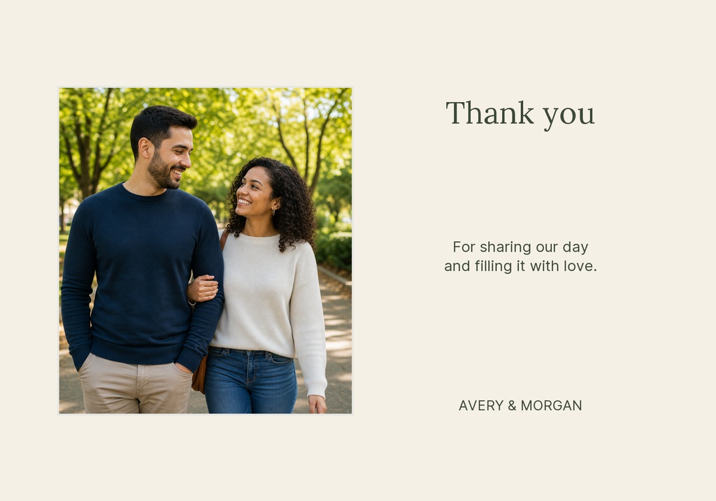 Cream landscape thank you card with couple photo and simple text layout