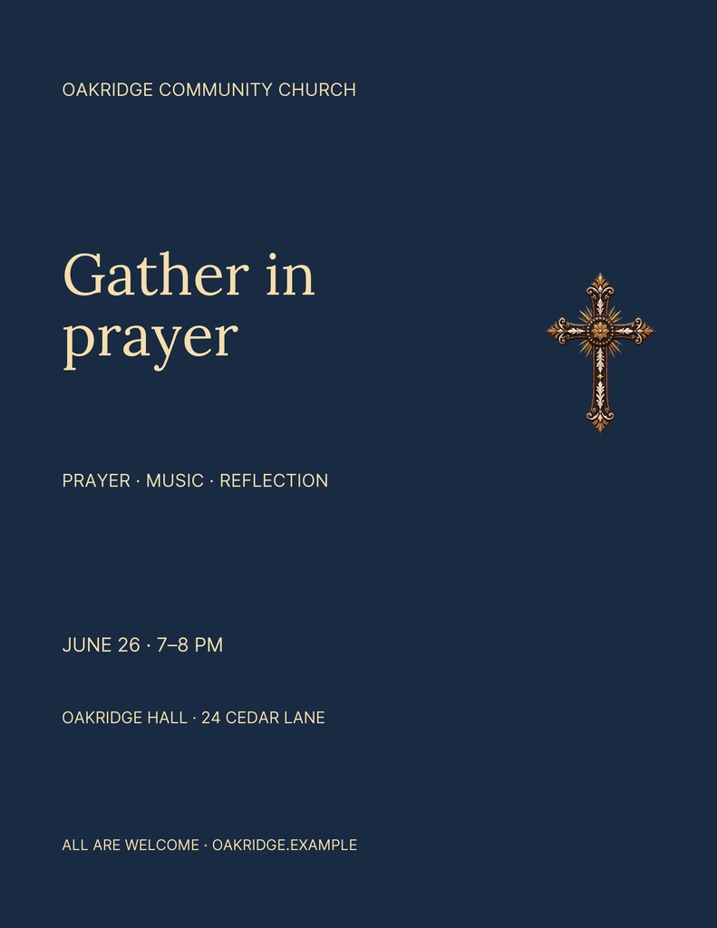 Portrait church flyer with navy background, gold text, and ornate cross artwork.