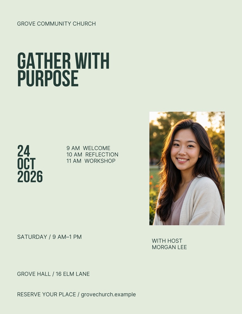 Portrait church flyer with a church title, date, schedule, and speaker photo on a pale green background.