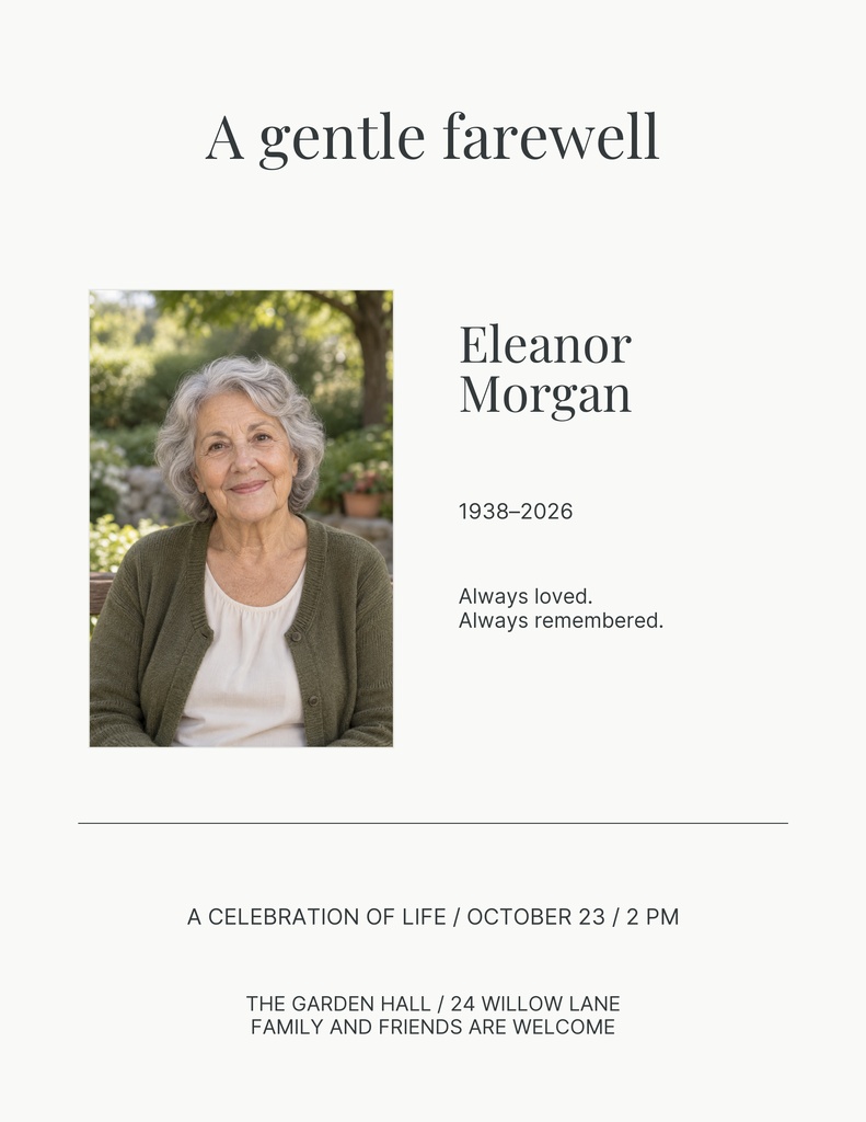 Minimal memorial flyer with portrait photo, name, dates, and celebration of life details