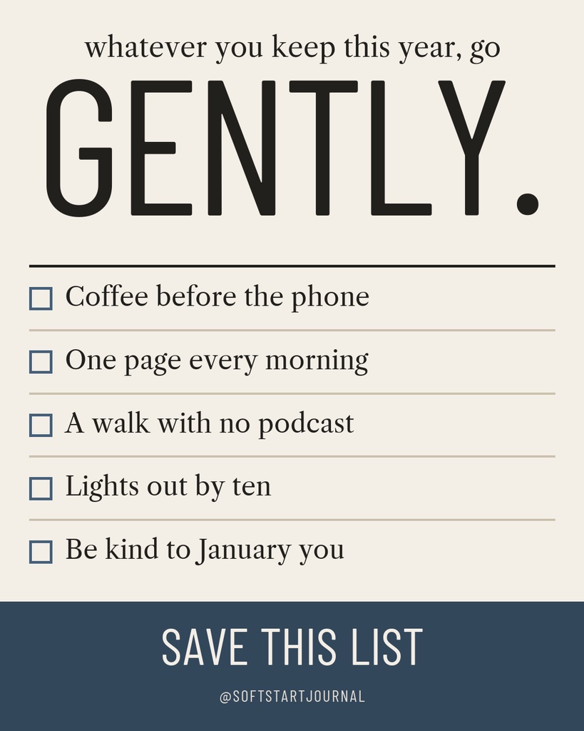 Minimalist portrait checklist poster with the word gently and five New Year resolutions.