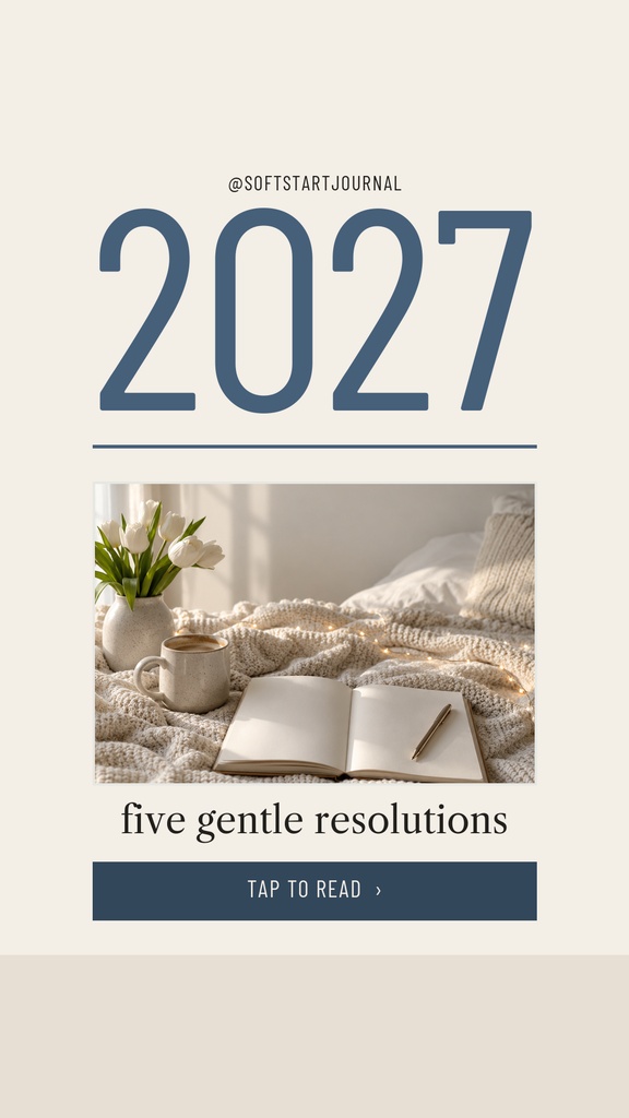 Portrait story template with large 2027 text, a cozy bed scene, and a button reading Tap to Read.