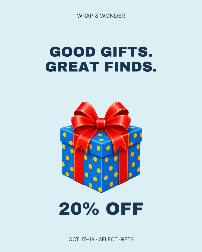 Blue gift box with a red ribbon on a light blue portrait sale poster with 20% off text.