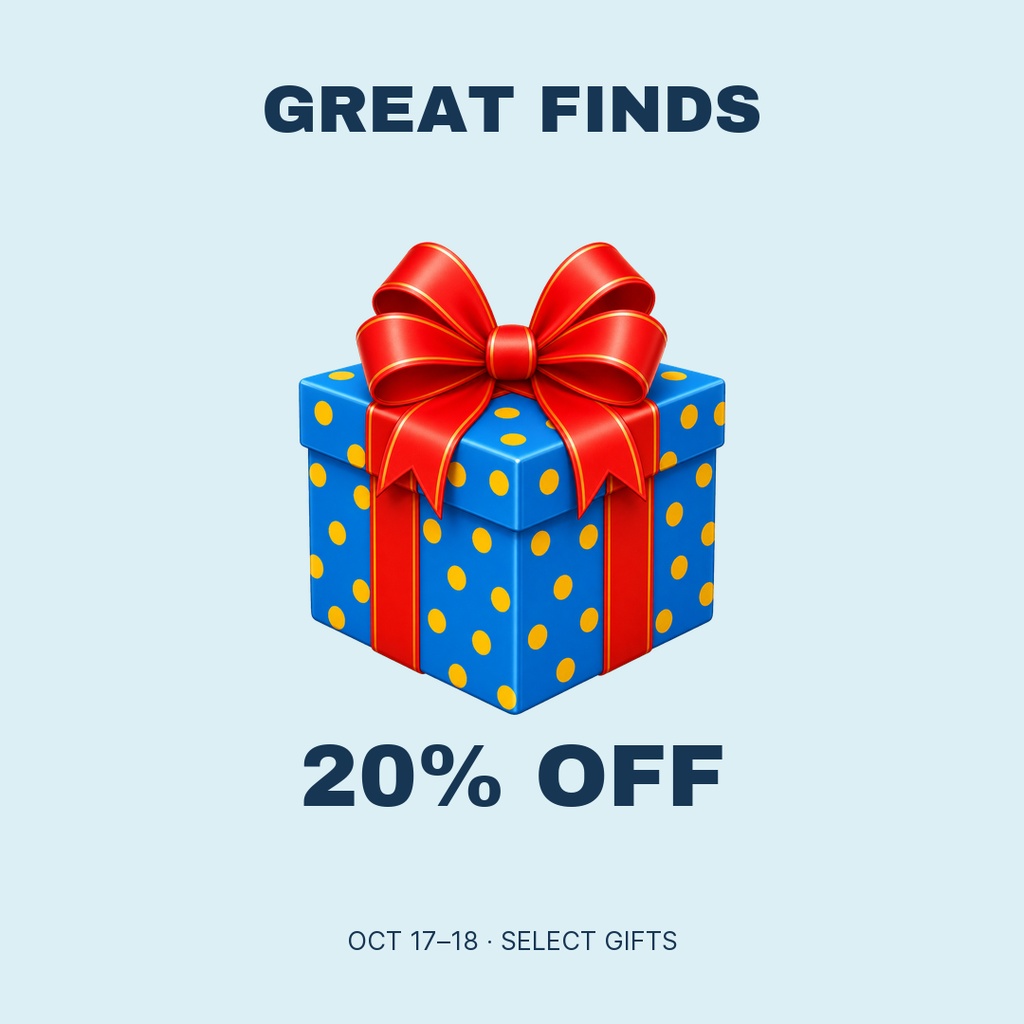 Blue gift box with red ribbon under the text Great Finds and 20% Off.