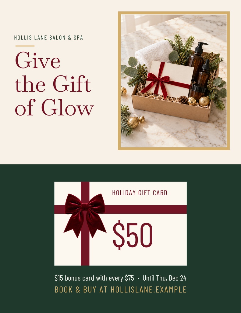 Holiday salon flyer with gift box, $50 gift card, and burgundy ribbon accents.