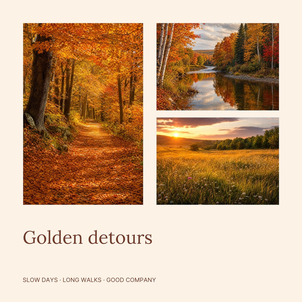 Square collage template with autumn forest, river, and sunset field photos on a warm beige background.
