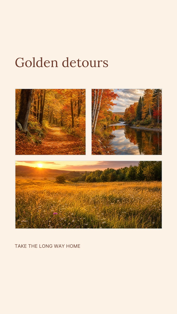 Autumn collage template with forest path, river reflection, and sunset field photos.