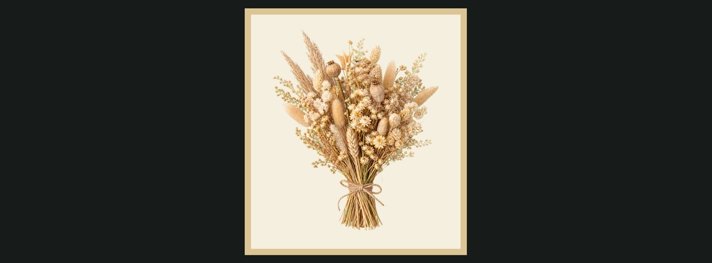 Botanical bouquet illustration on a cream background with a gold frame