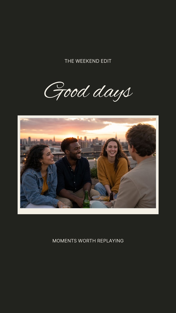 Dark portrait cover with a sunset group photo and the words Good Days kept.