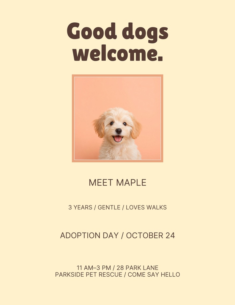 Portrait flyer with a fluffy dog photo and text reading Good dogs welcome, Meet Maple, and Adoption Day.